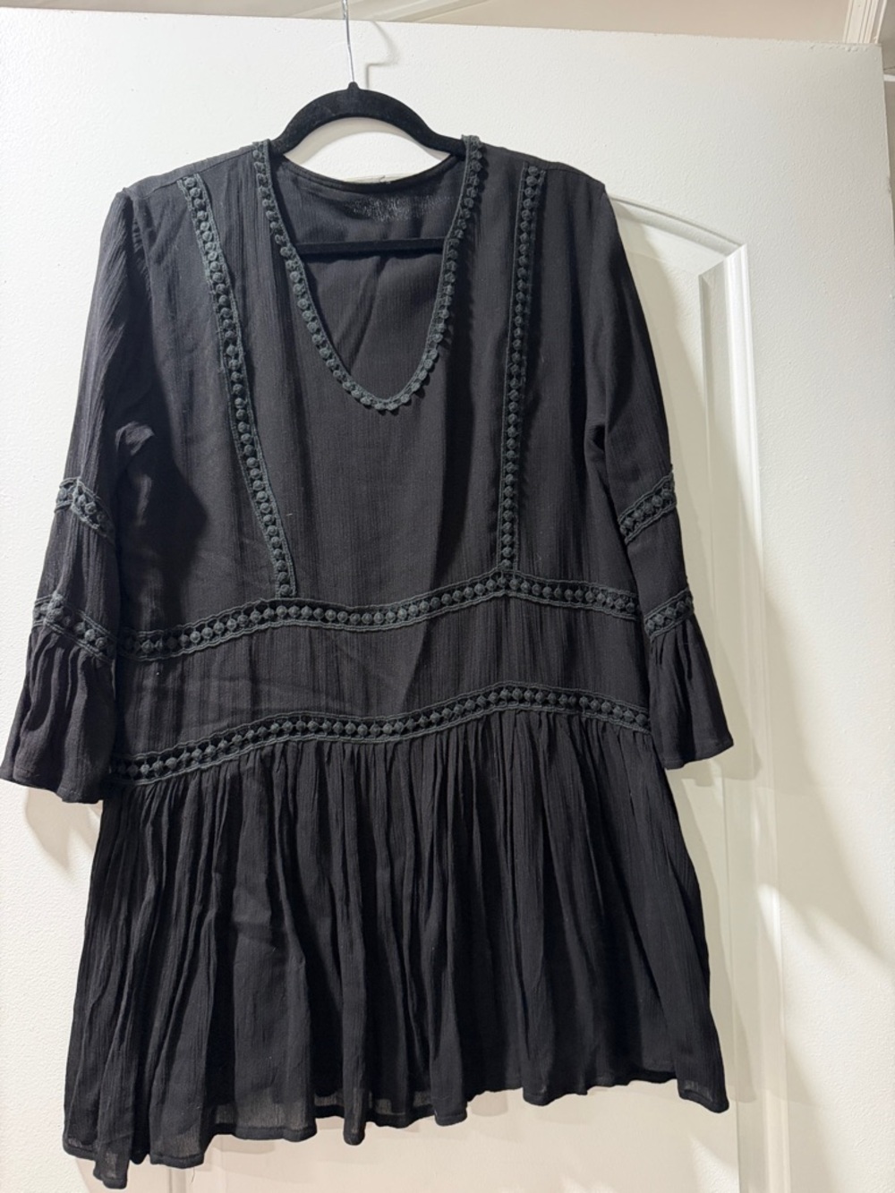 Flowy Black Boho Tunic with Crochet Trim